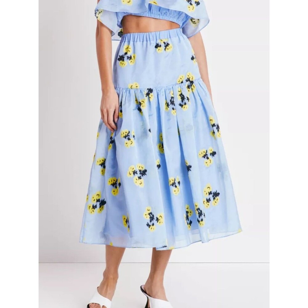 Tanya Taylor Lara Midi Skirt - Yellow/Blue Floral A-Line Sz Large